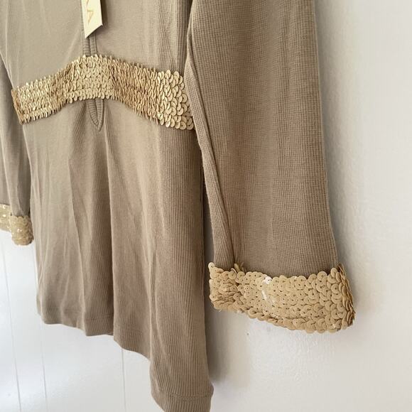 Y2K Taupe Babydoll Top M NWT Gold Sequin Trim Fitted Long Sleeve Stretchy - Picture 3 of 7